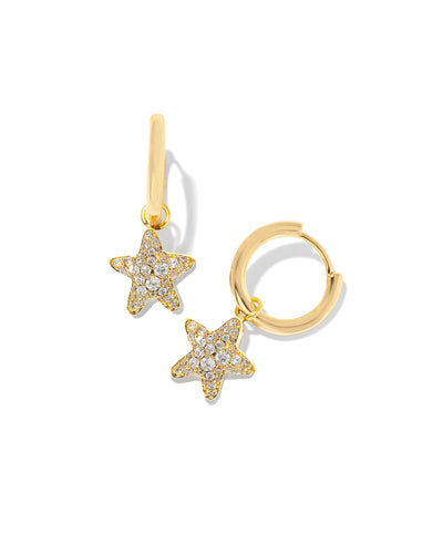 Kendra Scott Jae Star Pave Huggies in Gold White Crystal on white background.