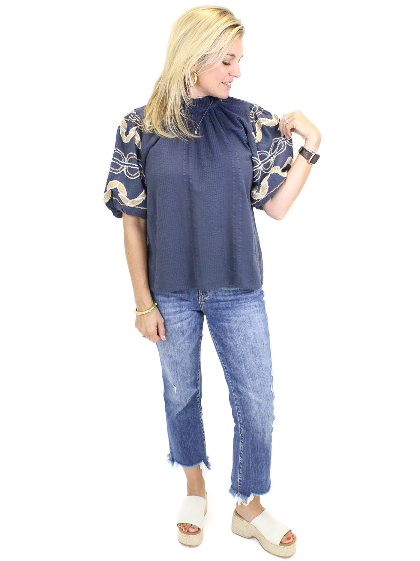 THML Hand Embroidered Sleeve Top - Navy sleeve