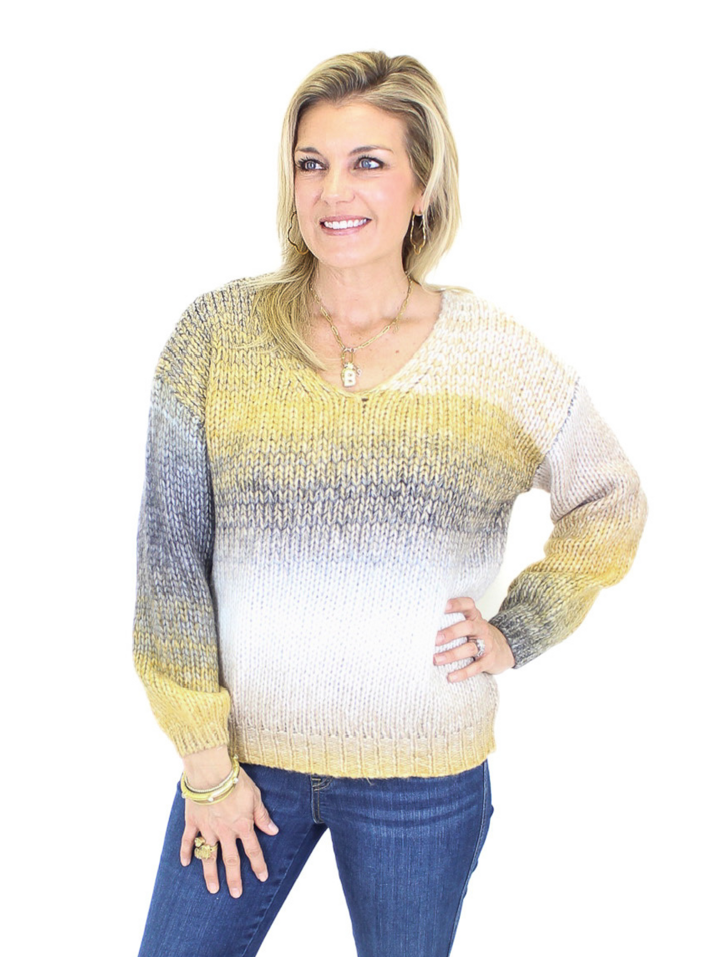 V-Neck Chunky Knit Gradient Sweater - Multi front view.