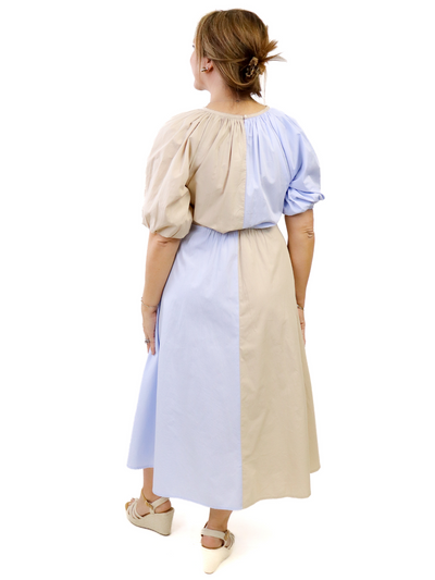 Mud Pie Hutton Midi Dress - Tan/Blue back view.