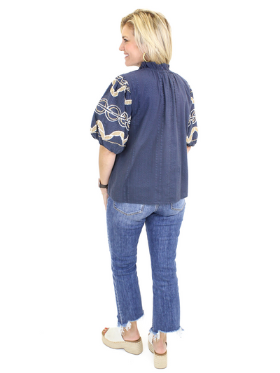 THML Hand Embroidered Sleeve Top - Navy back view.