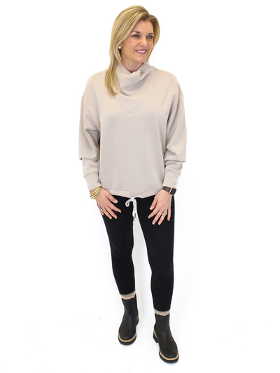 Mock Neck Drawstring Sweatshirt - Taupe front view.