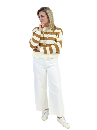 Stripe Knit Sweater - Toffee front view with white wide leg jeans.