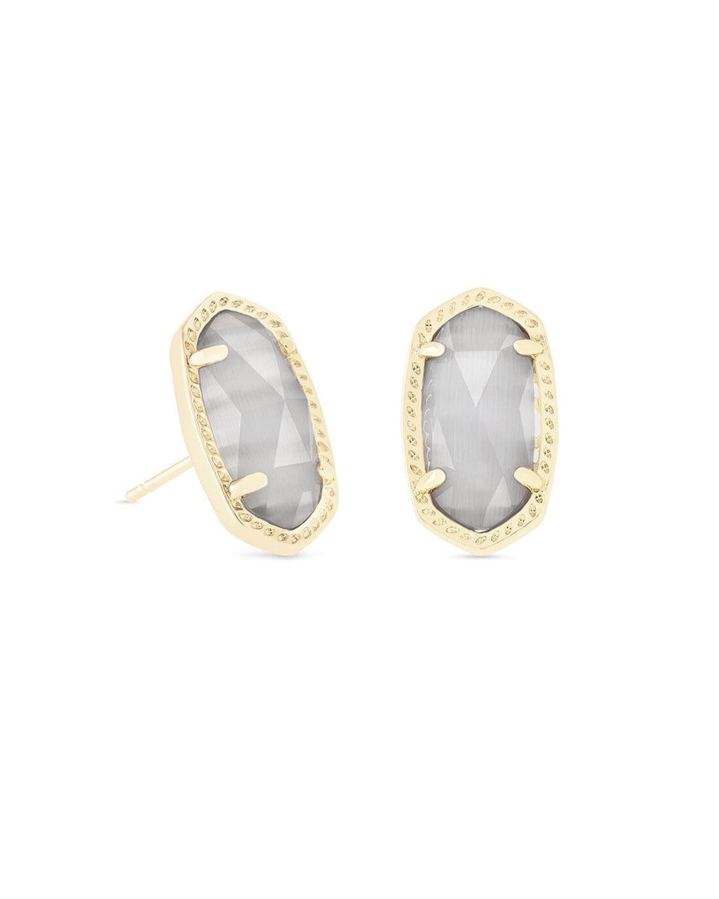 Ellie Stud Earrings Gold Slate Cat's Eye on white background, front view.