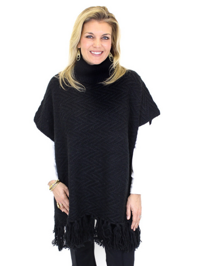 Molly Bracken Chevron Knit Fringe Poncho - Black front view.