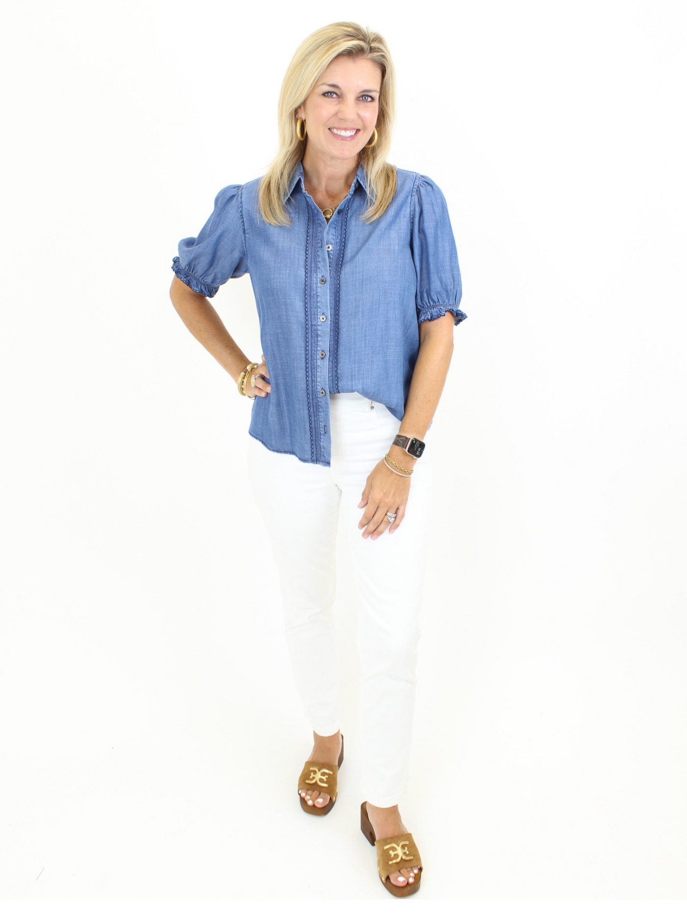 Chambray Puff Sleeve Top - Blue front view with white jeans.