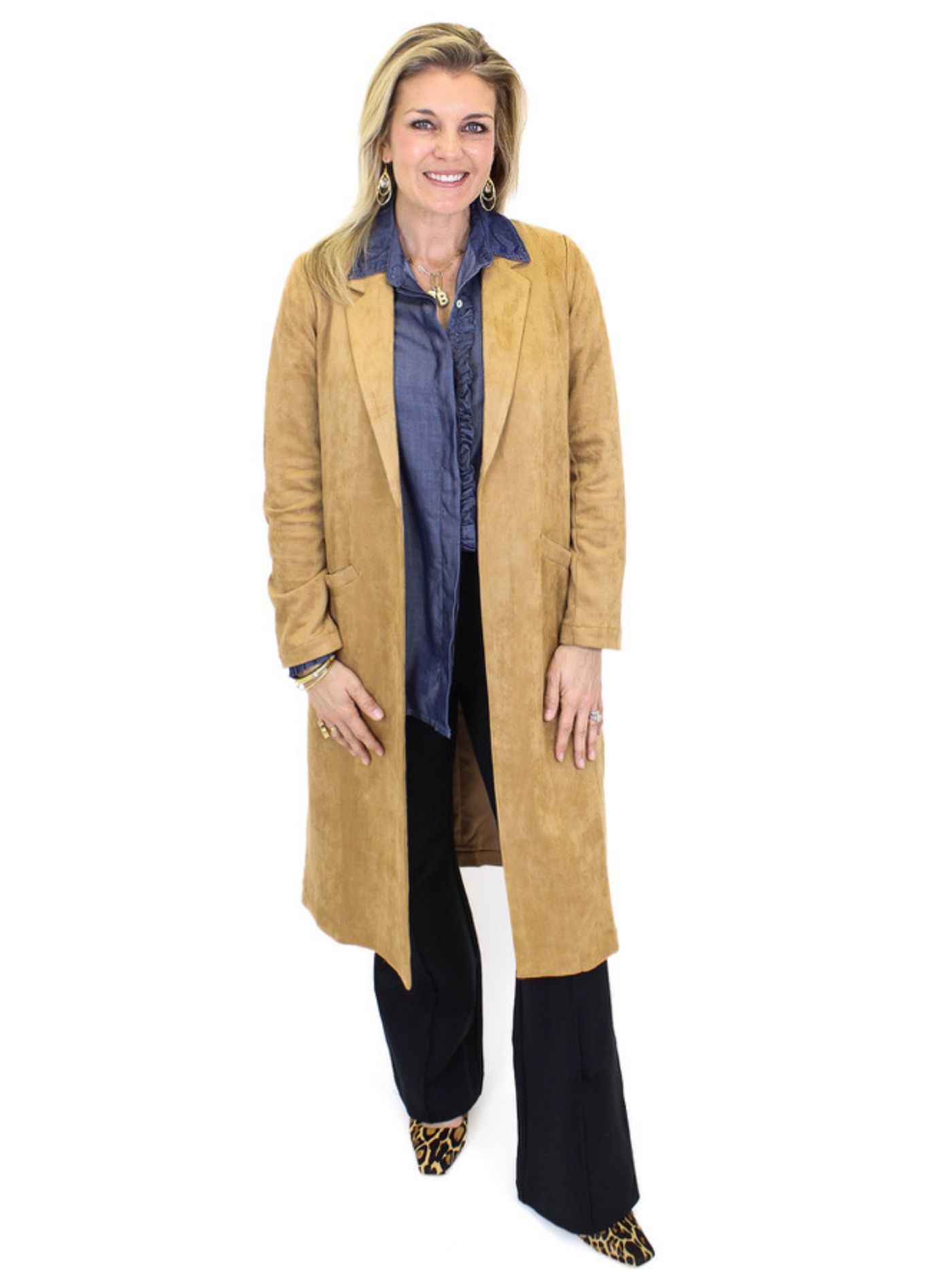 Faux Suede Duster - Camel front view.