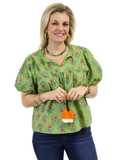 THML Tassel Tie Floral Top - Green/Orange front view.