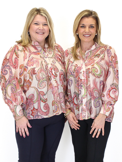 Paisley Bubble Sleeve Blouse - Coral two model sizes. Large and Small.