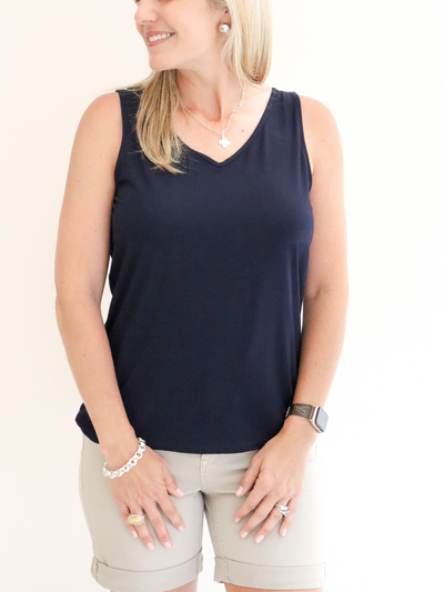 Charlie B Reversible Bamboo Cami navy v-neck view.