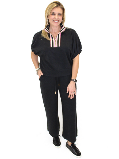 Quilted Quarter-Zip and Pant Set - Black front view.