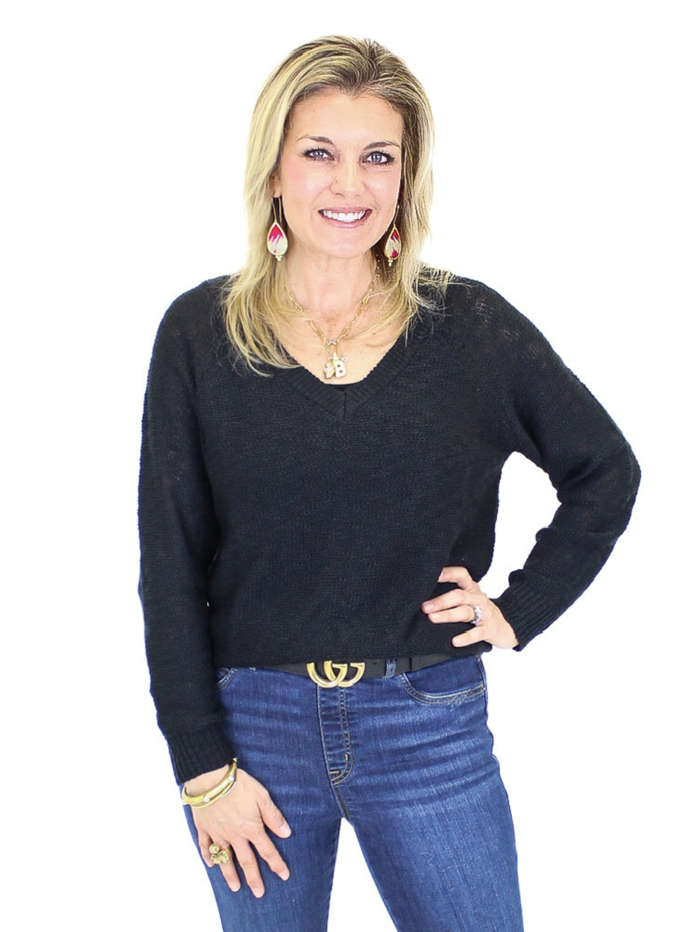 Wynn V-Neck Sweater - Black/Oatmeal front view.