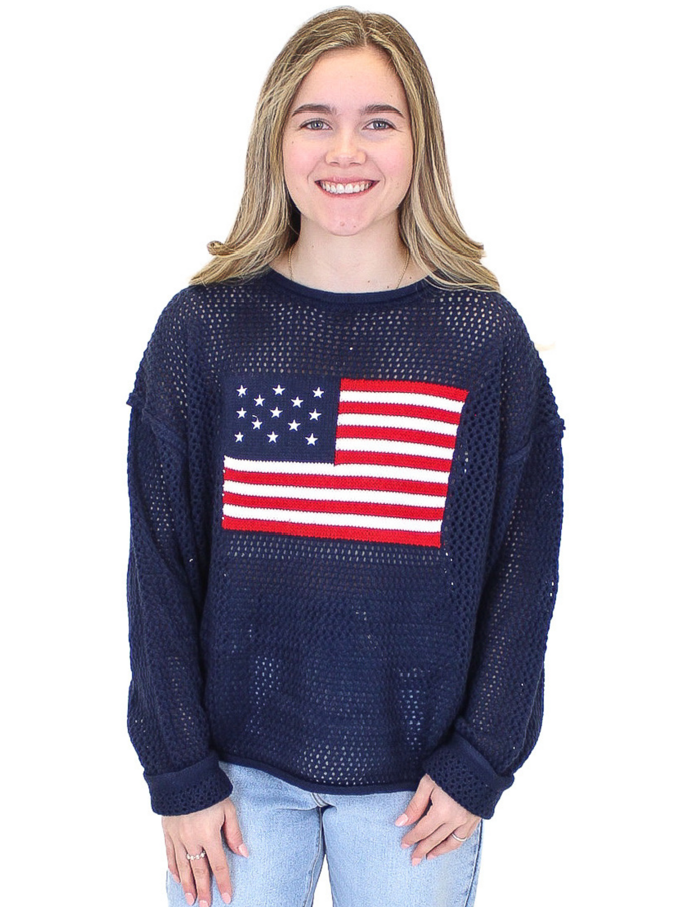 Stars & Stripes Sweater - Navy up close front view.