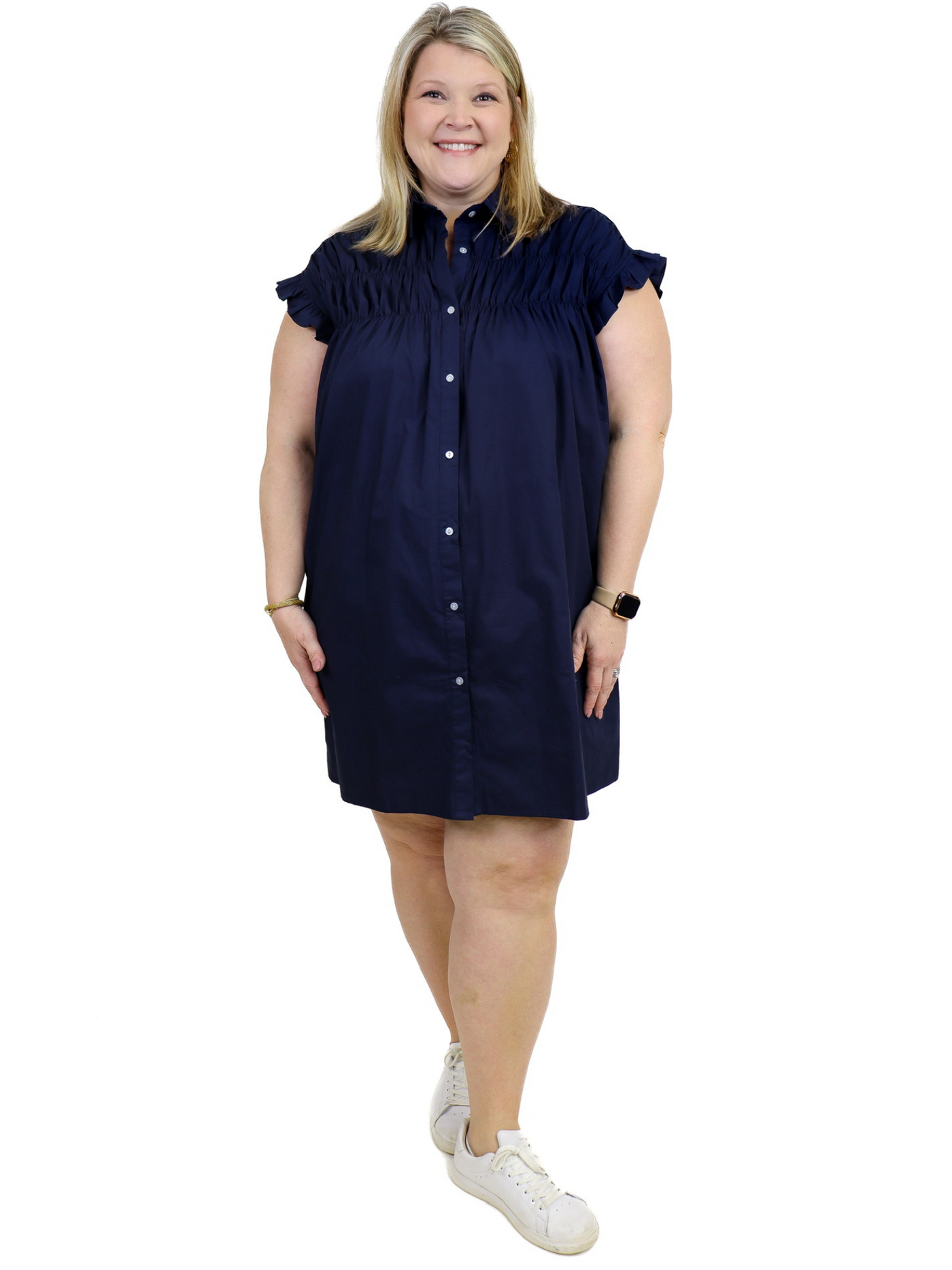 Lili Sidonio Gathered Shirt Dress - Navy front view.