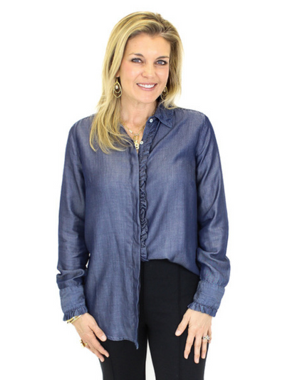 Molly Bracken Denim Ruffled Button Down front view.