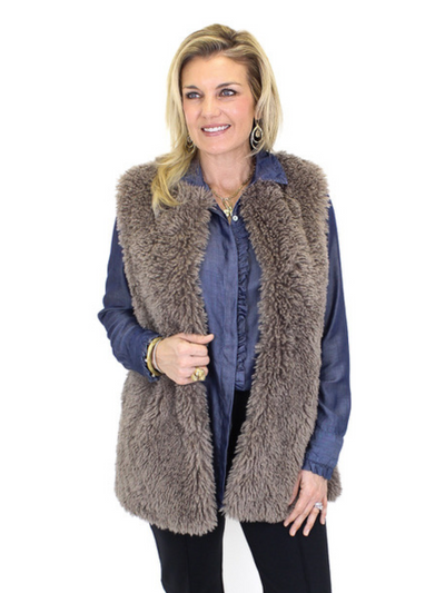 Charlie B Long Faux Fur Vest - Taupe front view.