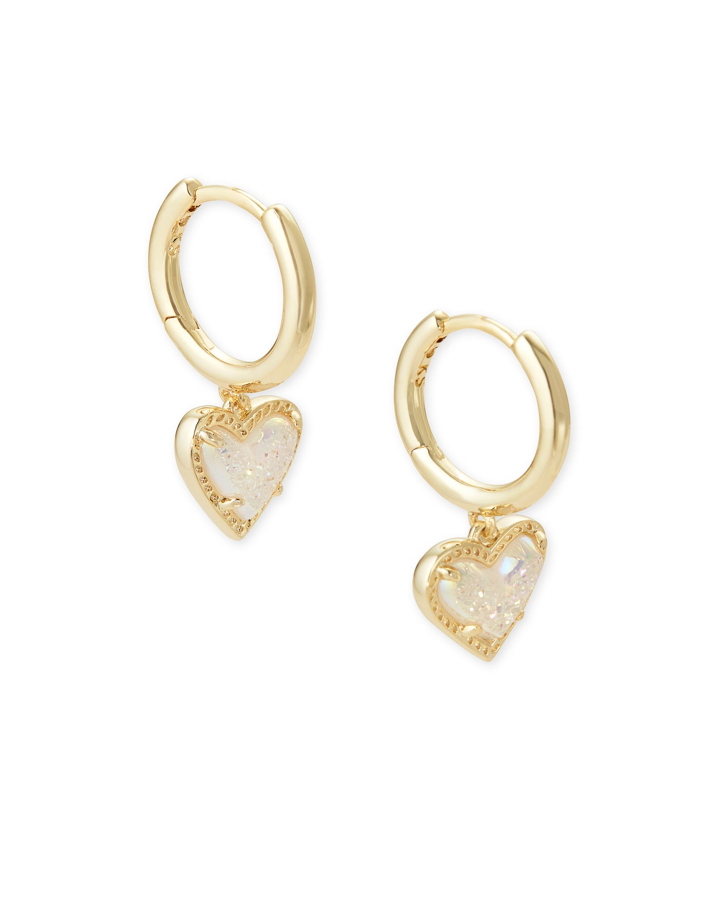 Kendra Scott Ari Heart Huggie Hoops in Gold Iridescent Drusy on white background.