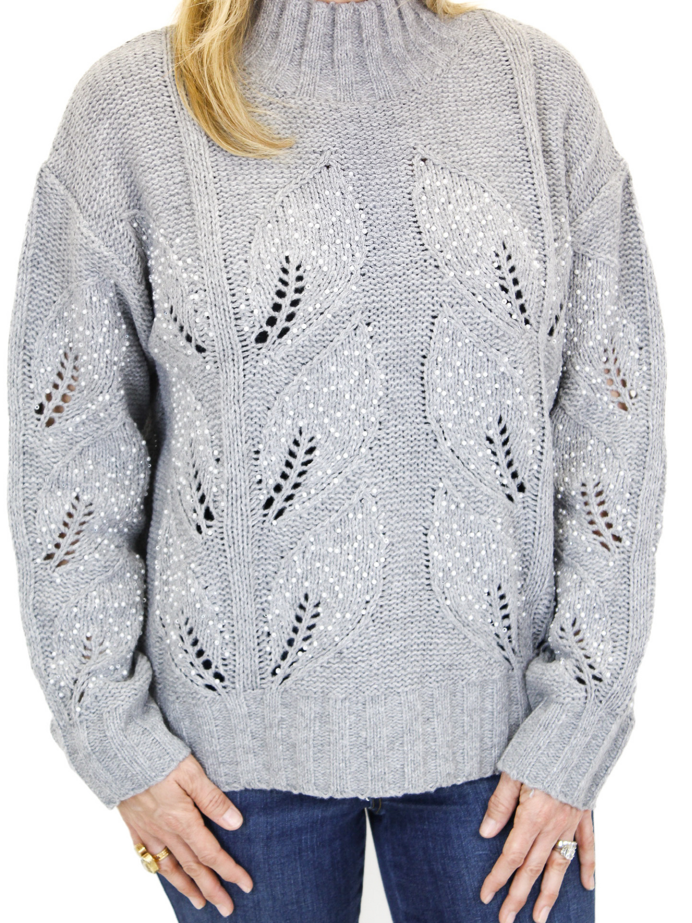 Pearl Embellished Melange Sweater - Grey up close view of pearls