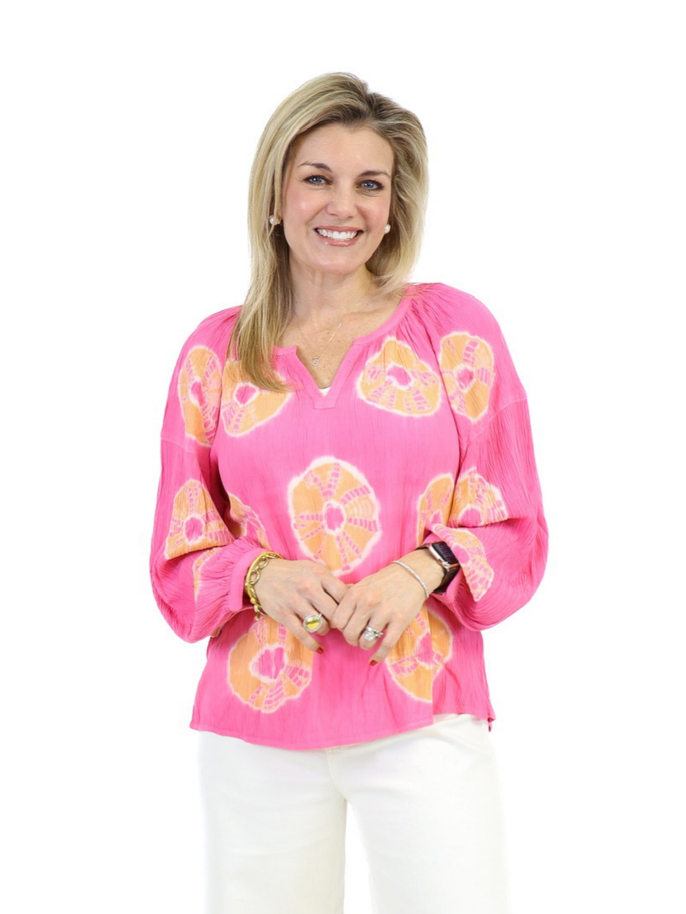 Tie Dye Peasant Top - Pink front view.