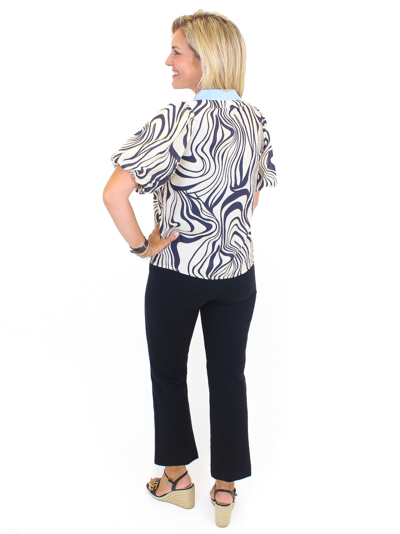 THML Puff Sleeve Print Top - Black/Ivory back view.