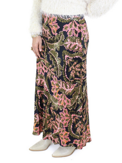 Esqualo Floral Maxi Skirt - Black Multi up close front view.