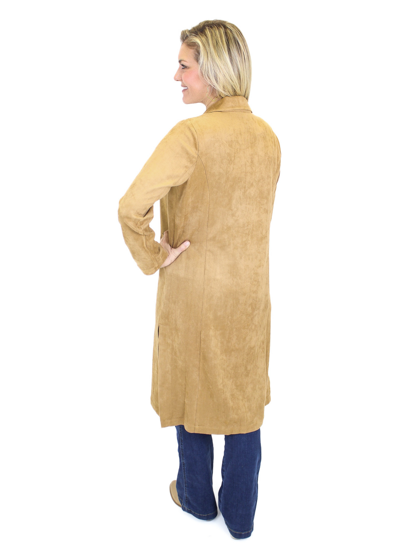 Faux Suede Duster - Camel back view.