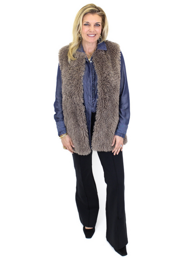 Charlie B Long Faux Fur Vest - Taupe front view.