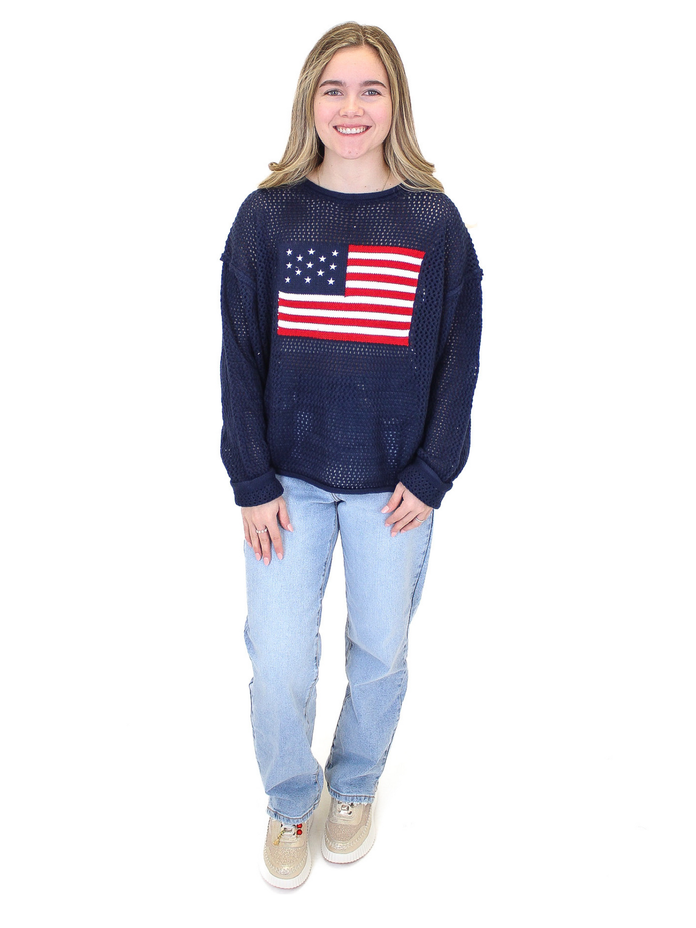 Stars & Stripes Sweater - Navy front view with Cello jeans.