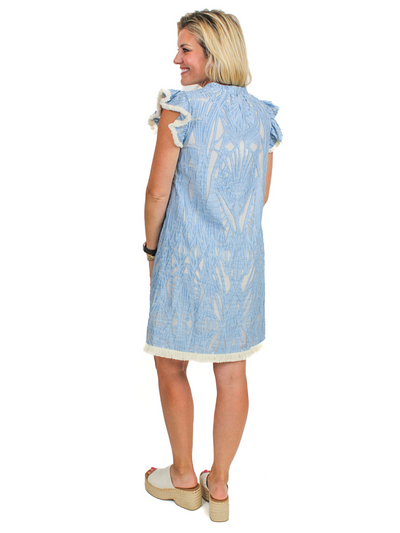 Textured Fringe Trimmed Shift Dress - Blue back view.