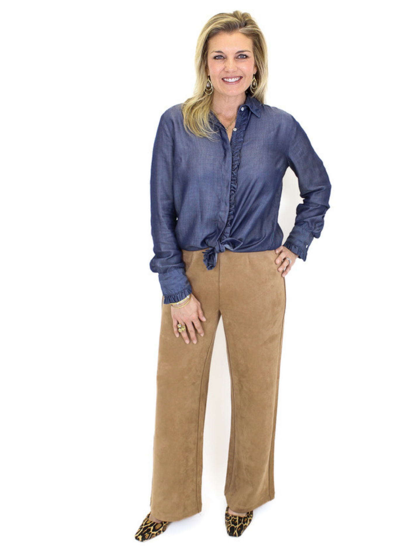 Charlie B Wide Leg Pull-On Pants - Truffle front view with a denim shirt and leopard shoes.