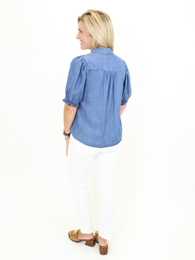 Chambray Puff Sleeve Top - Blue back view.