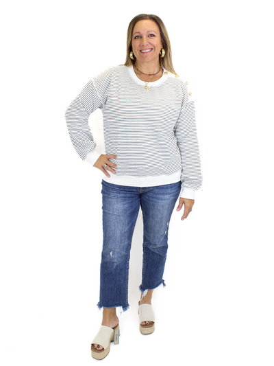 Button Shoulder Striped Pullover with vervet jeans.