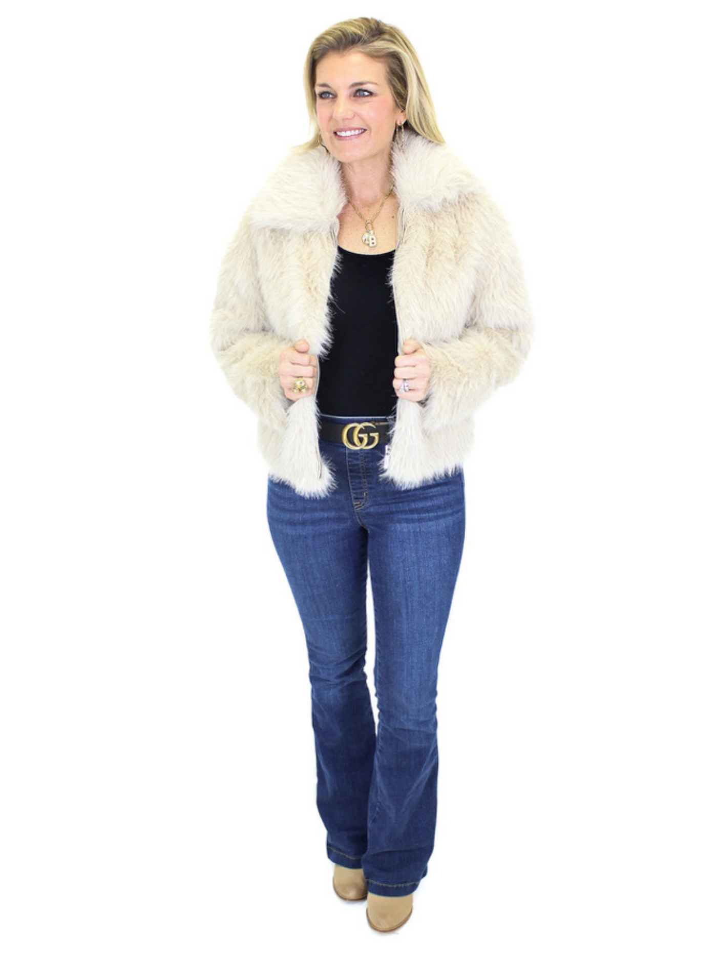 Esqualo Faux Fur Short Jacket - Sand front view with Spanx Jeans.