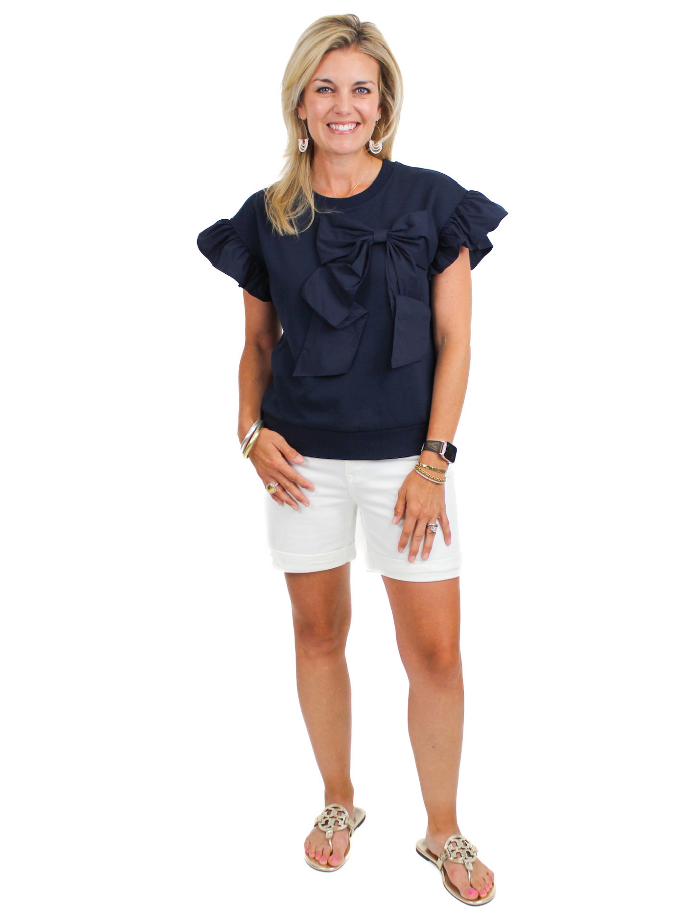 Ruffle Sleeve Bow Top - Navy with white shorts.