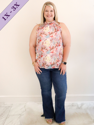 Yoryo Chiffon Floral Top front view paired with flying monkey jeans.