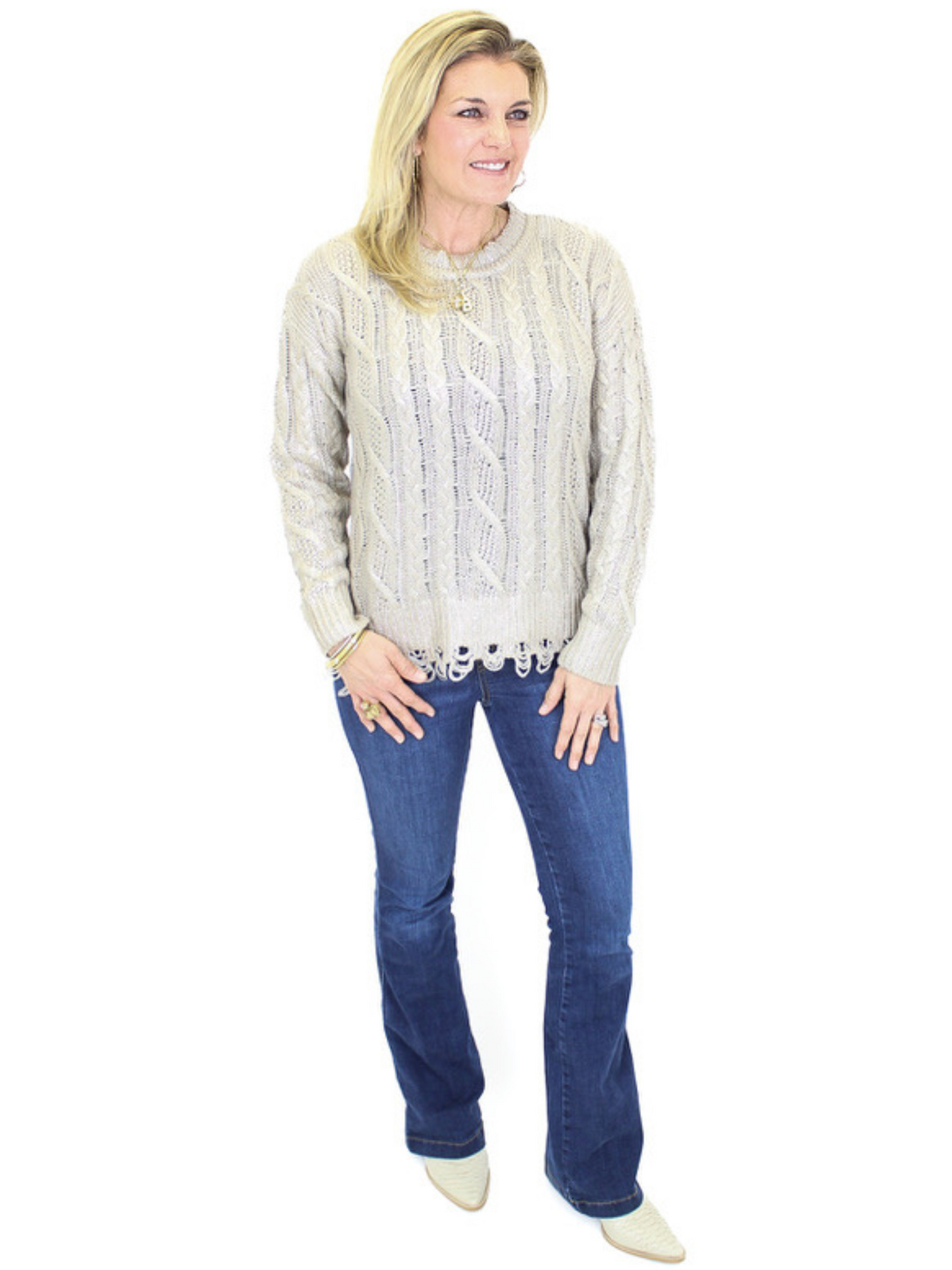 Charlie B Foiled Cable Knit Sweater - Gold front view with Spanx jeans.