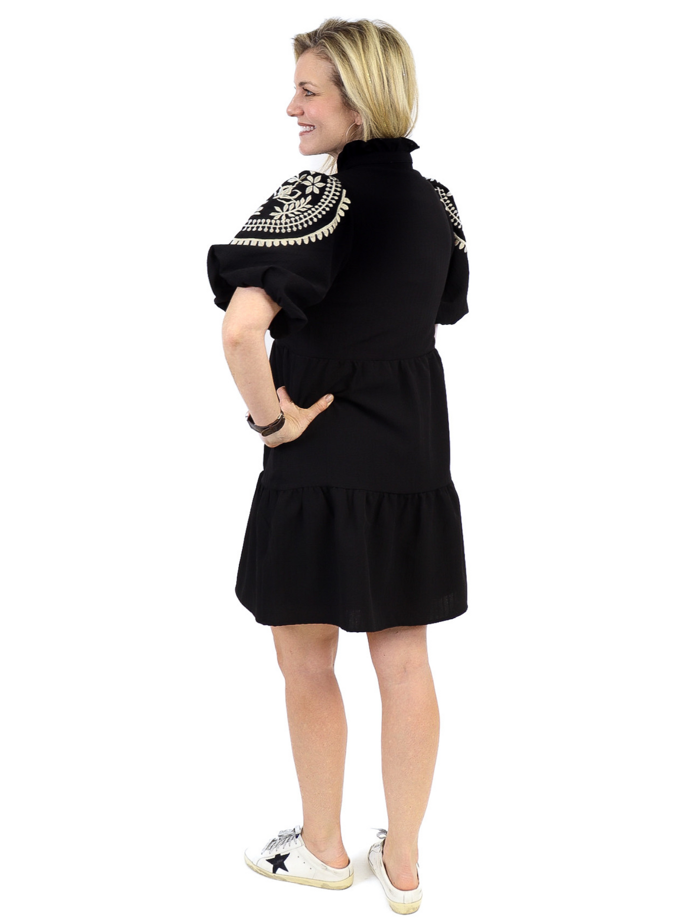 THML Embroidered Puff Sleeve Dress back view.