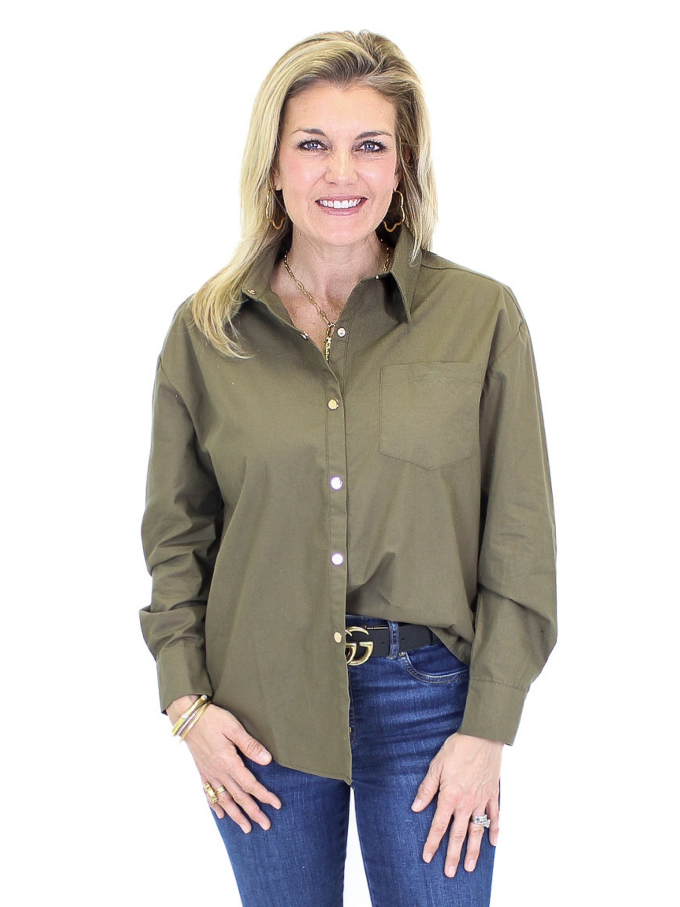 Molly Bracken Structured Button Down - Olive front view.