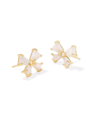 Gold iridescent drusy bow stud earrings with pearl center.