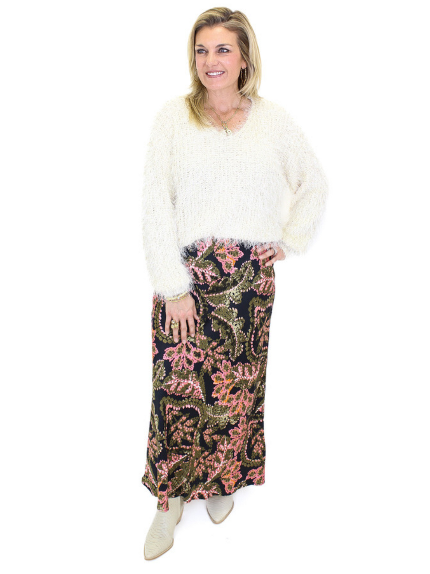 Esqualo Floral Maxi Skirt - Black Multi with eyelash sweater.