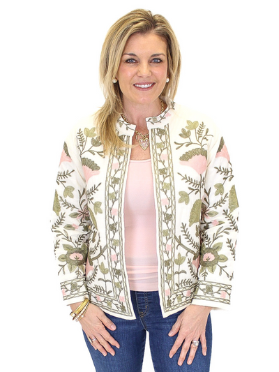 Floral Embroidered Cotton Quilt Jacket - Cream up front view.