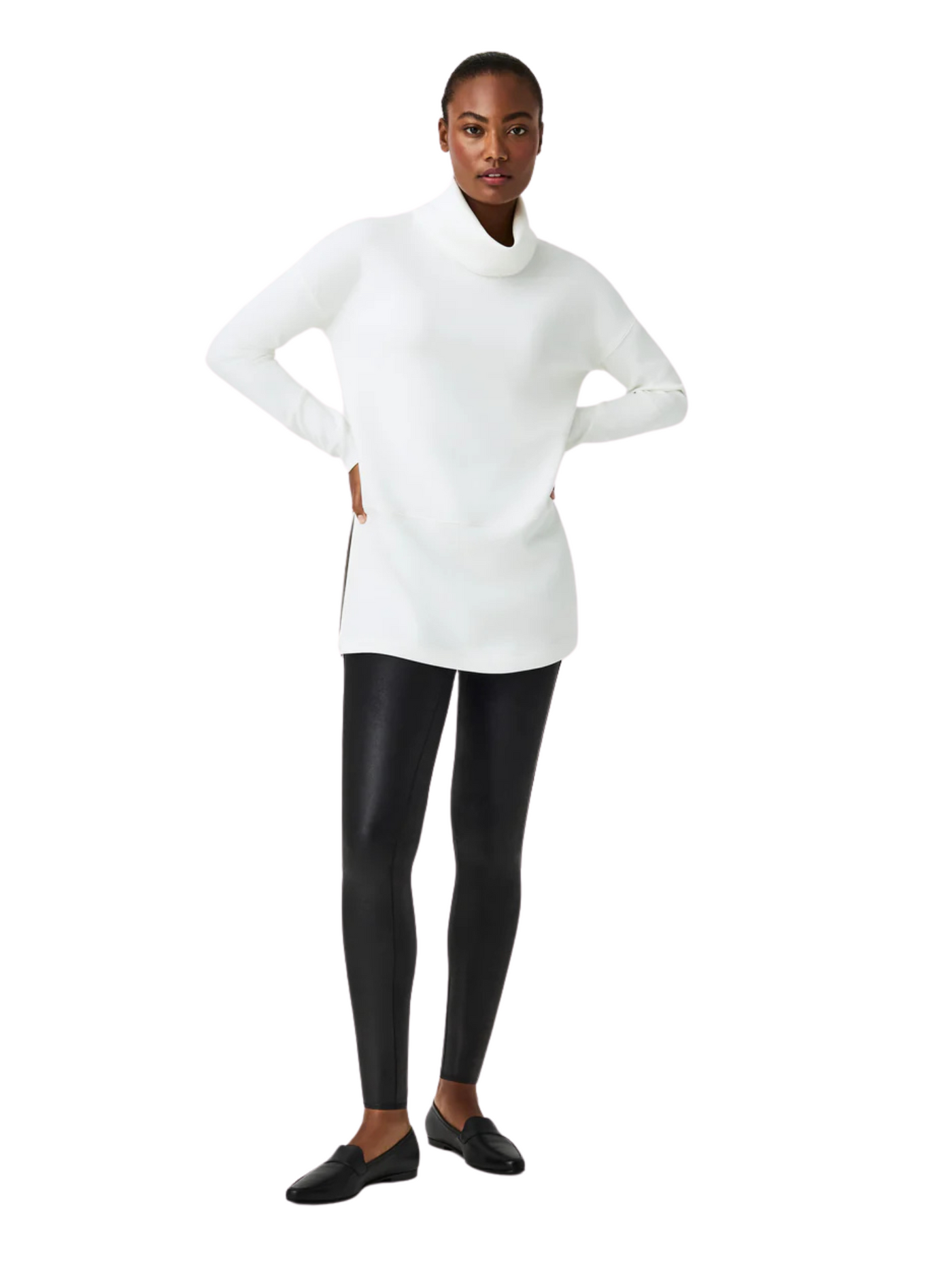 Spanx Air Essentials Turtleneck Tunic - Powder front view with faux leather leggings.