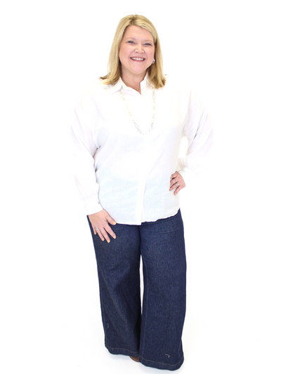 Risen Balloon Sleeve Linen Shirt - White front view with Spanx jeans.