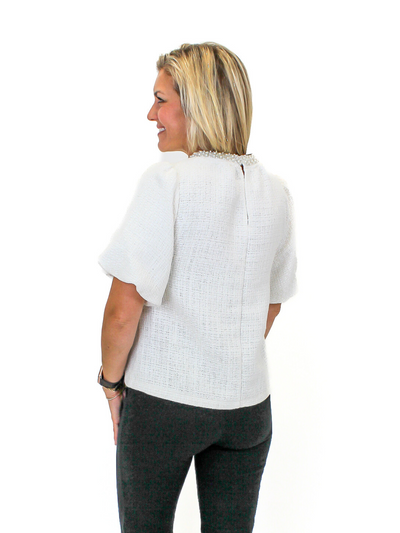 Pearl Trimmed Puff Sleeve Tweed Top - Cream