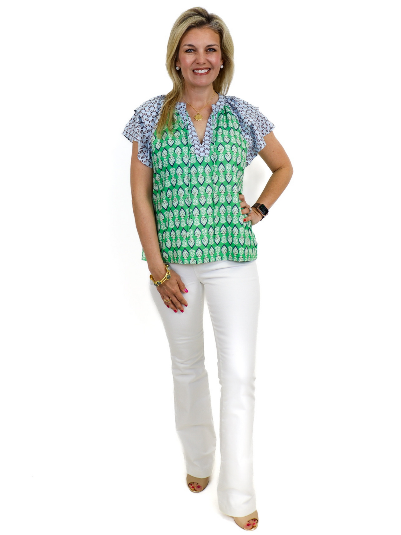 Joy Joy Swirl Flutter Sleeve Blouse full front view with white jeans.