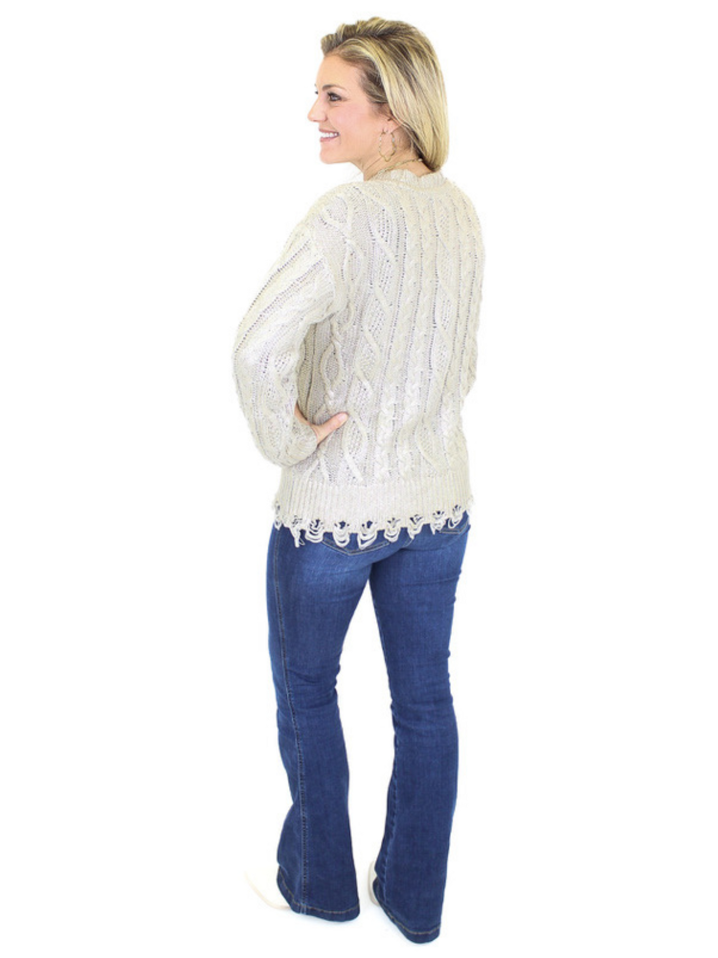 Charlie B Foiled Cable Knit Sweater - Gold back view.