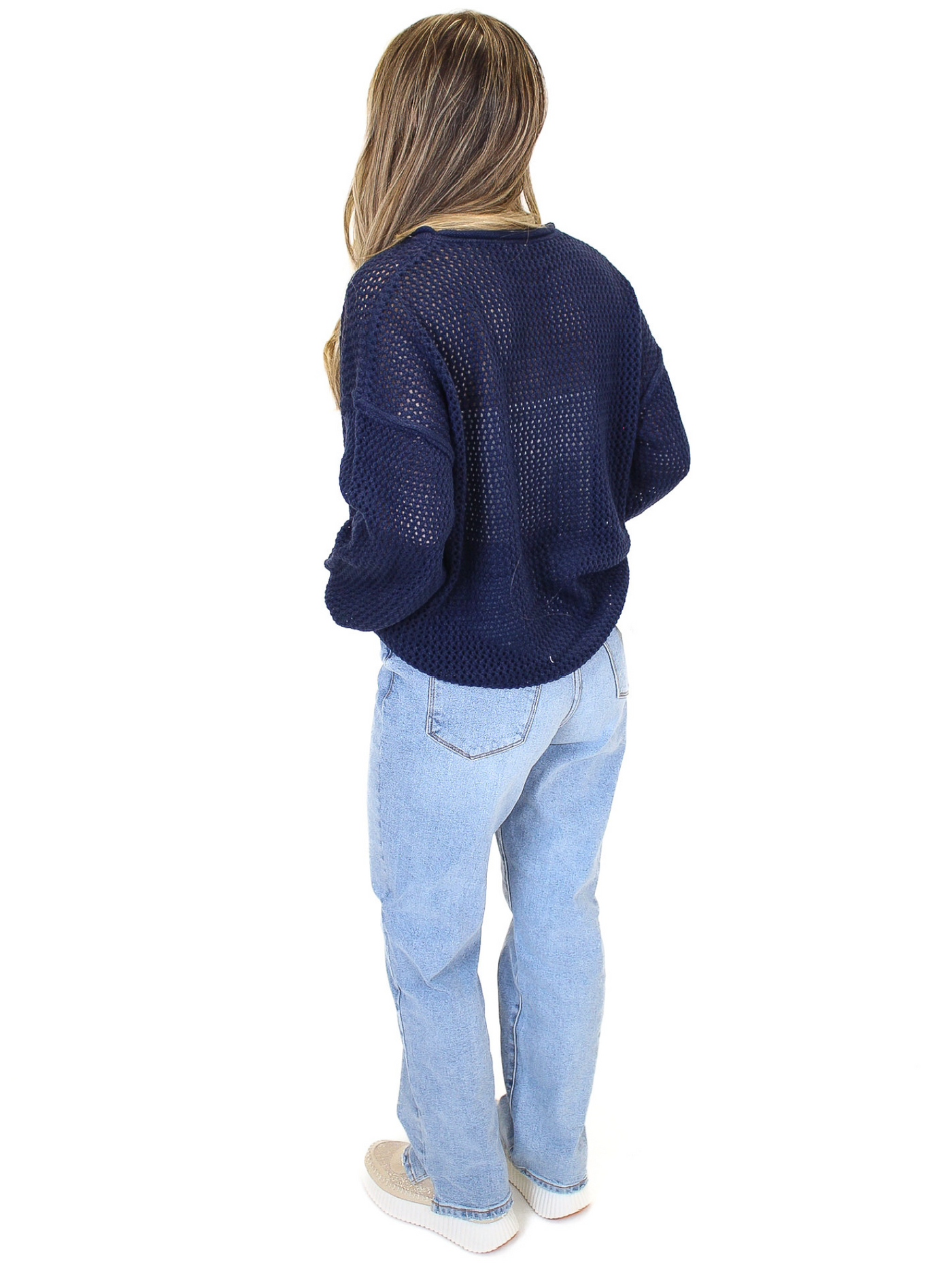 Stars & Stripes Sweater - Navy back view with Cello jeans.