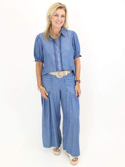 Chambray Puff Sleeve Top - Blue front view with chambray pants.