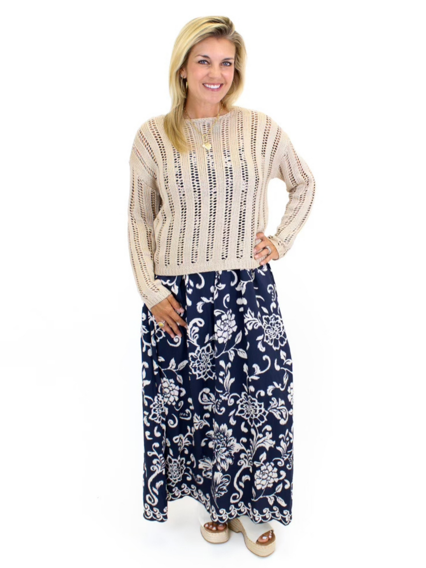 Floral Maxi Dress - Navy front view with taupe sweater over dress.