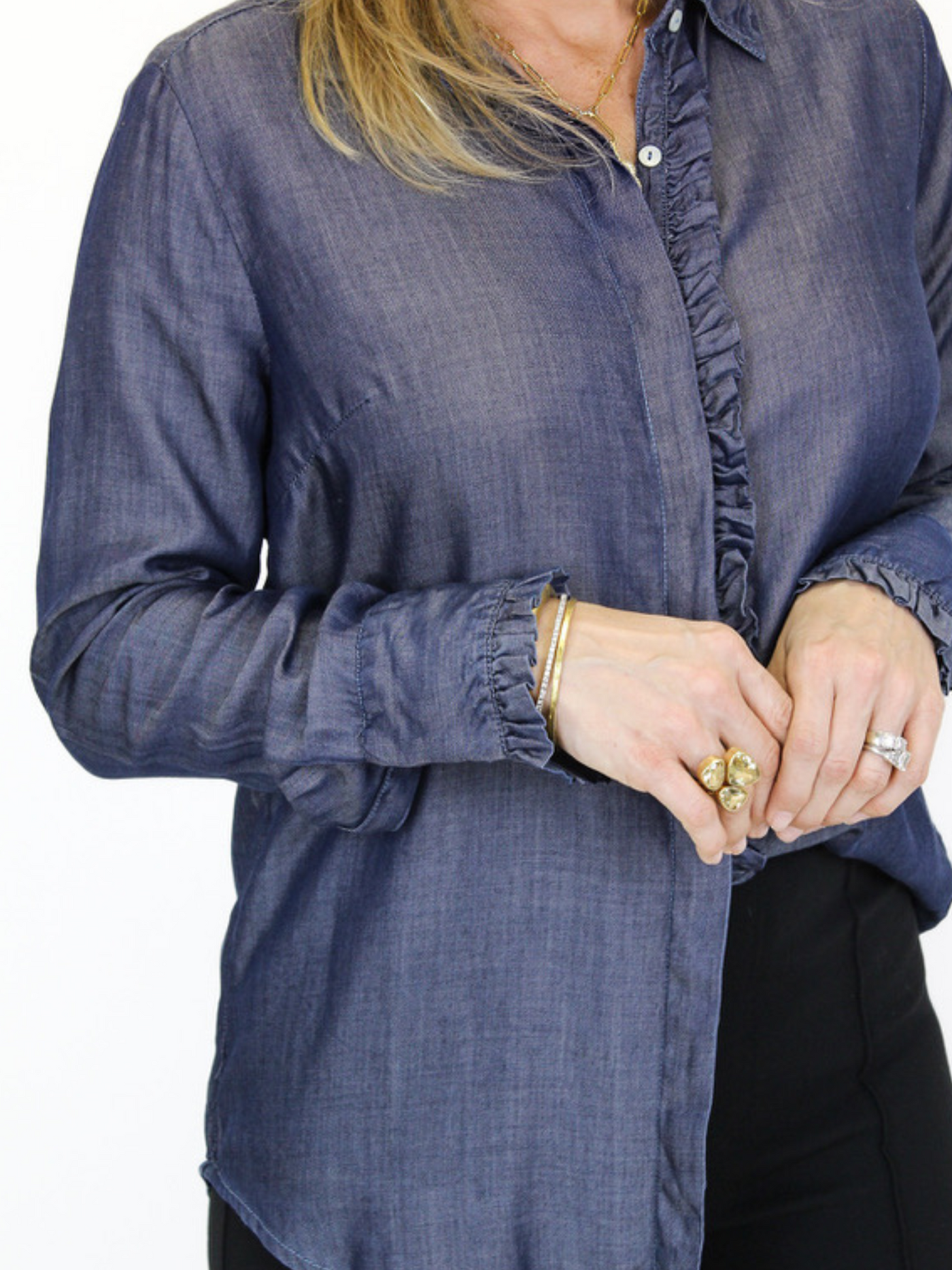 Molly Bracken Denim Ruffled Button Down ruffle view.